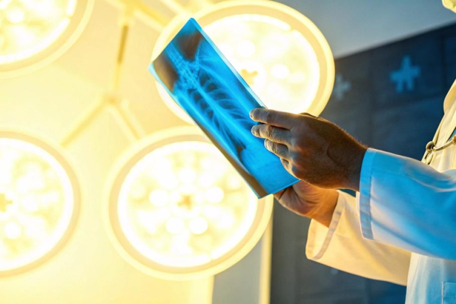 Médico segurando uma radiografia em uma sala cirúrgica iluminada, observando atentamente a imagem do tórax do paciente.