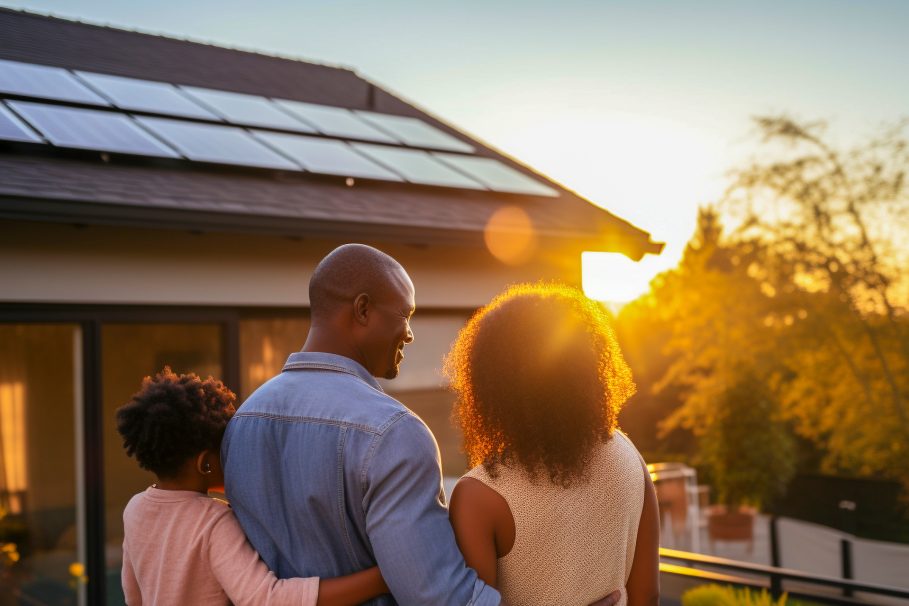 Família observando o pôr do sol na varanda de casa com painéis solares no telhado, transmitindo uma sensação de harmonia e sustentabilidade.